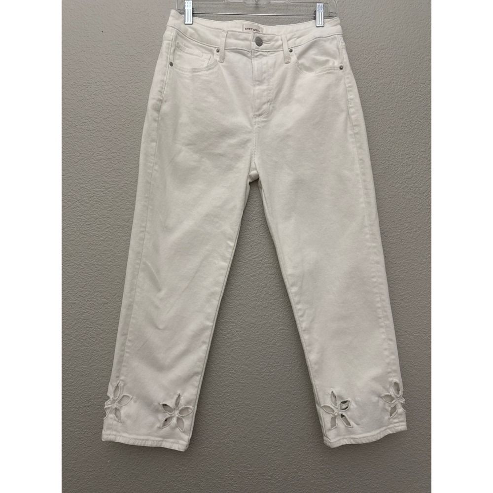 Driftwood Royce White Straight Leg Jeans Floral Cut Out Hem Ankle Length Denim 6